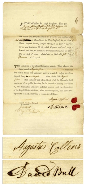 Revolutionary War Bond From 1776 to Raise a Company of Continental Soldiers, Led by General Augustus Collins -- Signed by Generals Collins and Roger Newberry